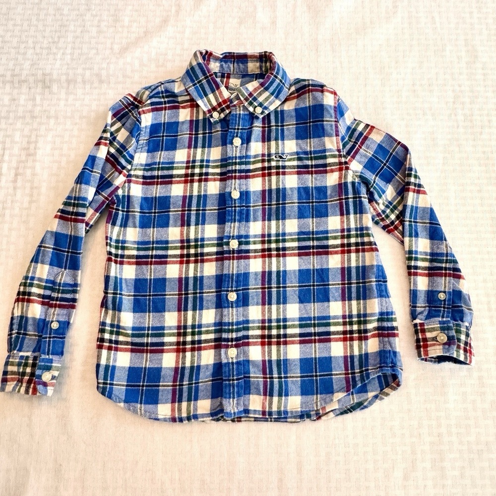 Vineyard Vines Boys Flannel Shirt Blue Plaid Whale Logo Size 7 Long Sleeve